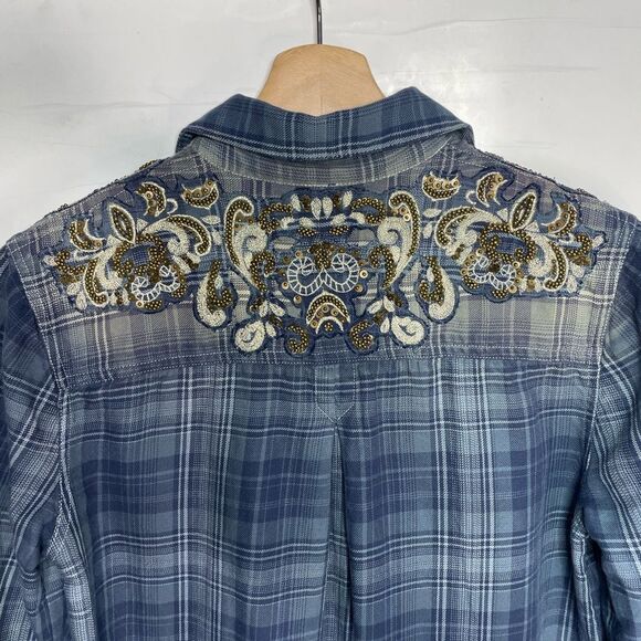 Free People Stevie's Embellished Plaid Buttondown XS - Picture 7 of 8